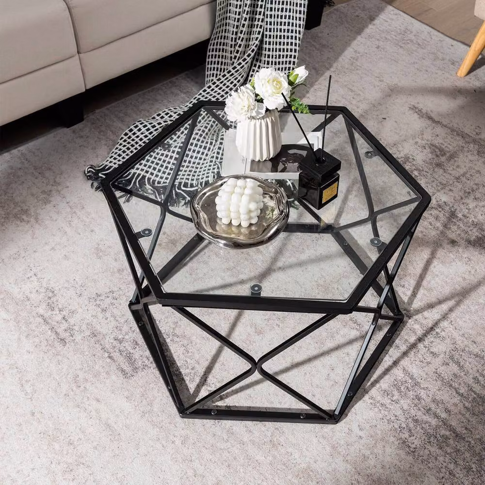 Costway Geometric Hexagonal Coffee Table and End Table with Tempered Glass Top and Metal X-Frame in Black – 6
