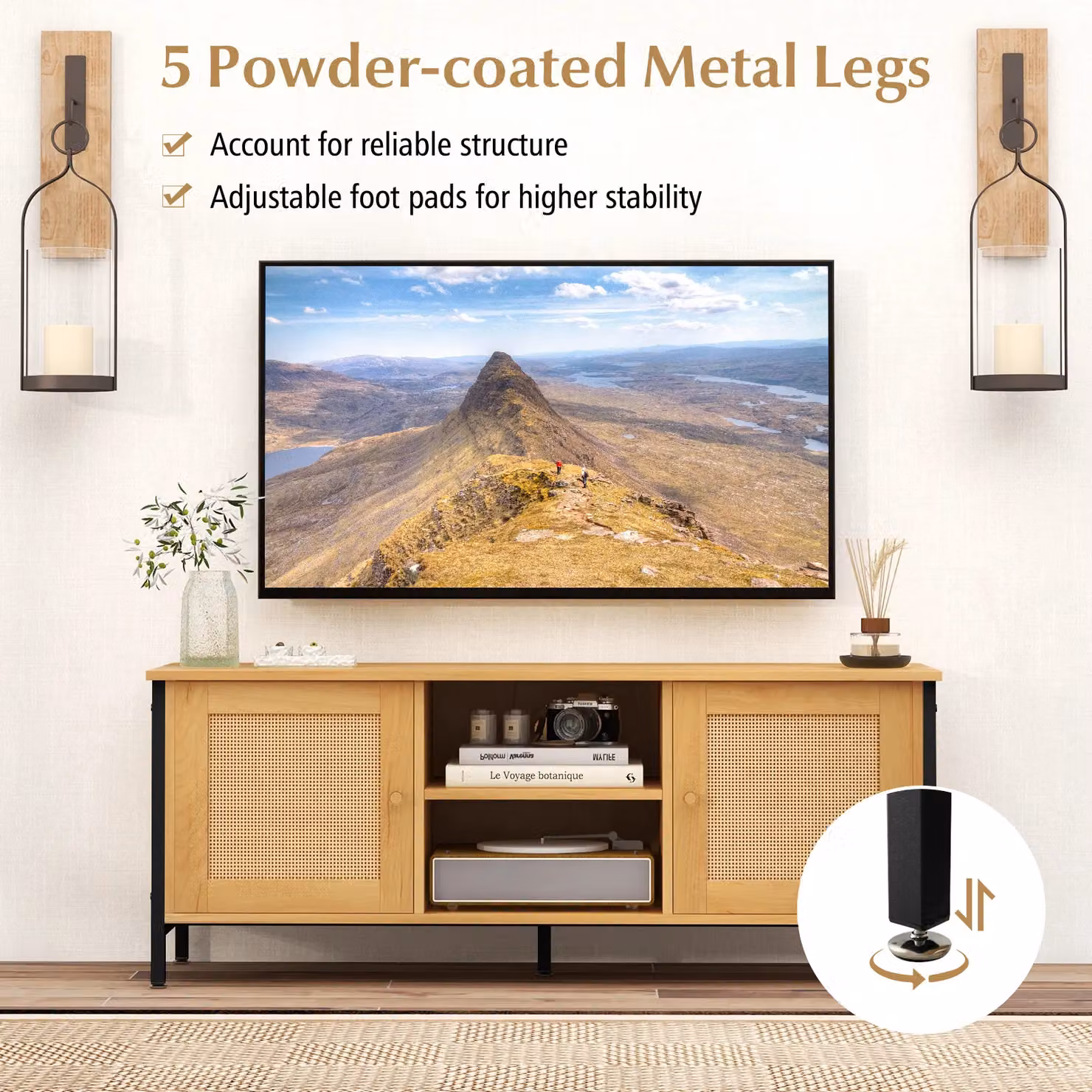 Gymax Boho PE Rattan Media Console Table for TVs up to 55 inch, Beige – 7
