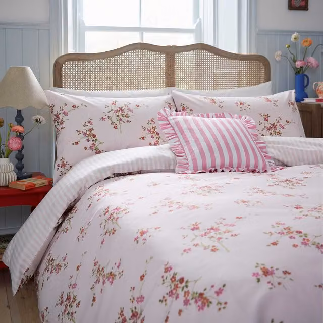 Helena Springfield Secret Garden Blossom Print Single Duvet Cover and Pillowcase Set, Pink, Cotton, Reversible, W: 90 cm, H: 200 cm