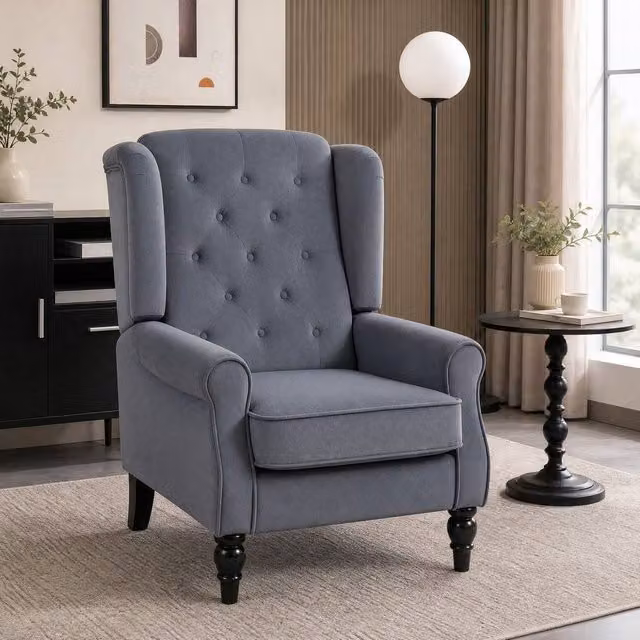 STILVORA Grey Velvet Wingback Accent Chair with Solid Wood Frame
