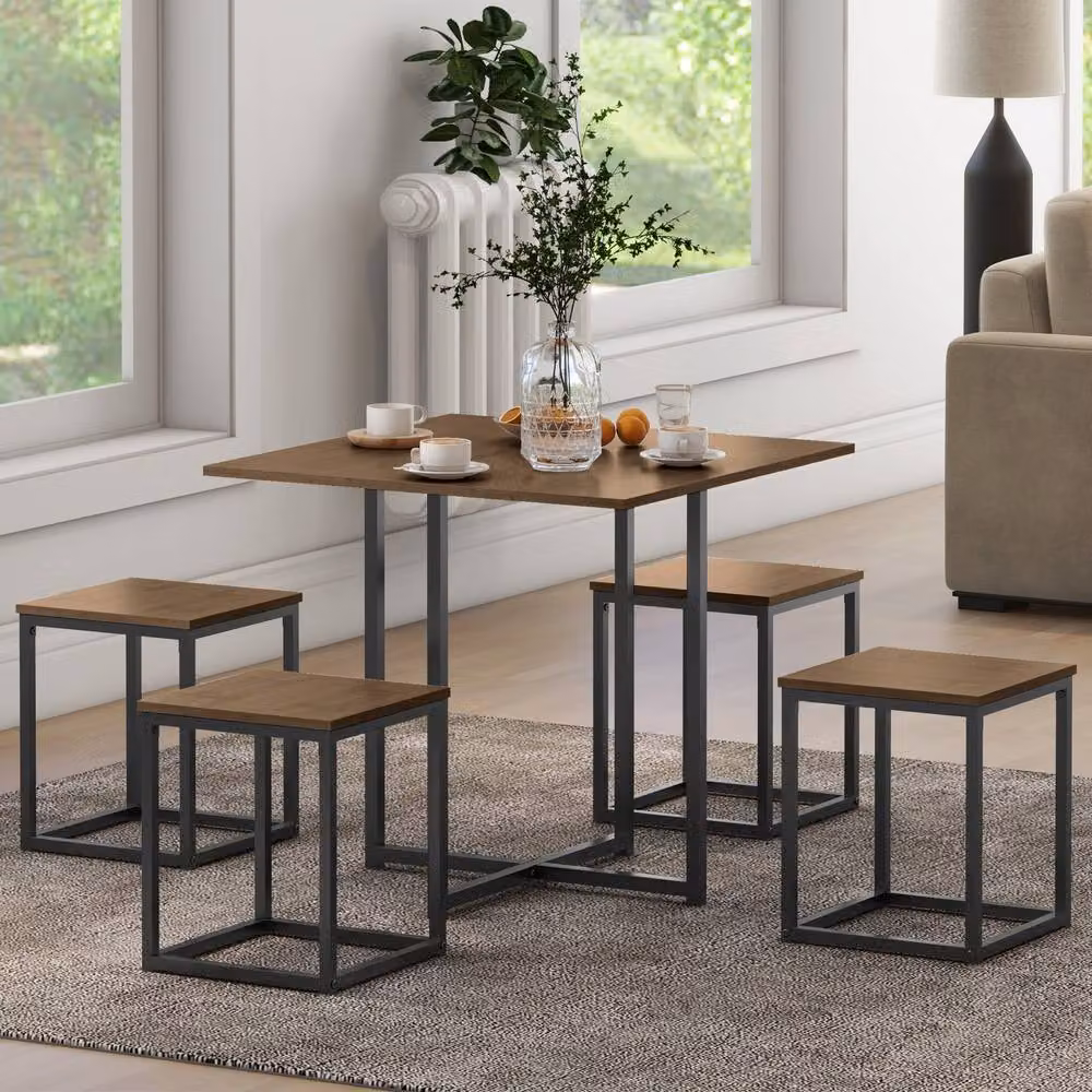 STILVORA Industrial Dining Table and Chairs Set with Brown Wood Effect Top and Metal Frame – 3