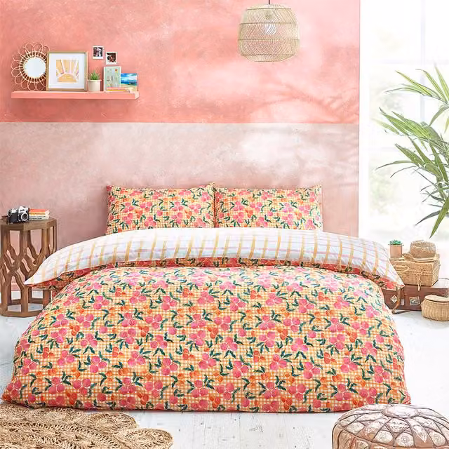 Make it a Home Reversible Juicy Checked Duvet Cover Set in Pink, Orange and Yellow