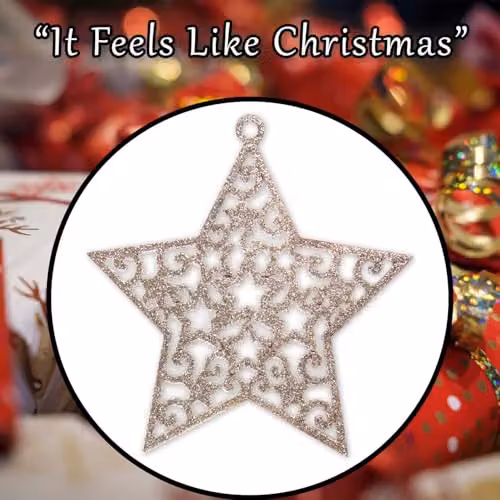 VFM e-Store Set of 6 Hanging Glitter Star Christmas Tree Decorations in Champagne Gold and Beige, W/D/H: 17.8 x 9.3 x 1.4 cm – 6