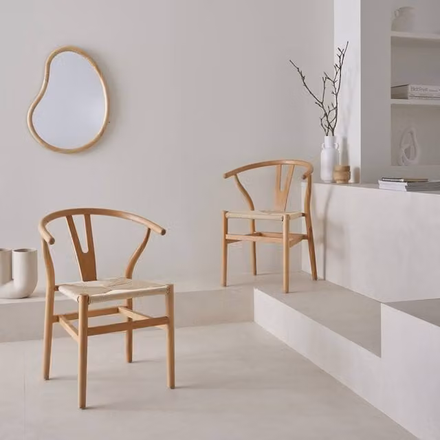 sweeek Pair of Beech Wood Dining Chairs with Rope Seats in Beige, Stackable with Armrests, W/D/H: 44.5 x 54.5 x 76 cm