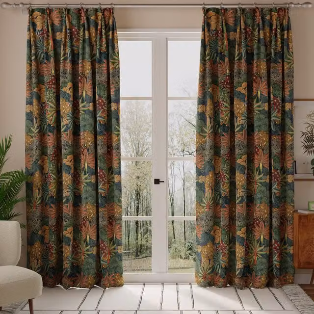 Linda Barker Treasure Garden Made to Measure Velvet Print Fabric Panel Curtain in Navy, Blue and Gold Floral Design