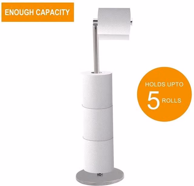 FLAVORA 2 in 1 Freestanding Toilet Paper Holder and Spare Roll Holder in Metallic Silver, W: 180 cm, H: 180 cm