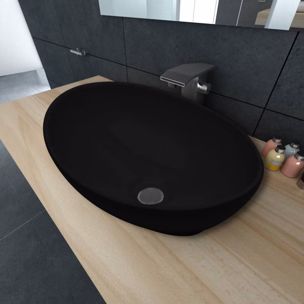 Berkfield Home Luxury Oval Ceramic Countertop Basin in Black, W: 40 cm, D: 33 cm, H: 13.5 cm – 2