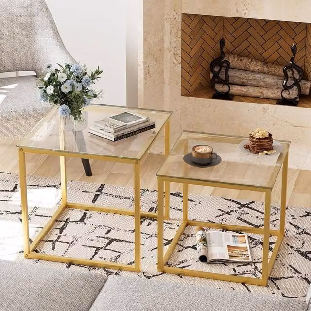 Huhote Set of 2 Nesting Tables with Gold Metal Frame and Glass Tops