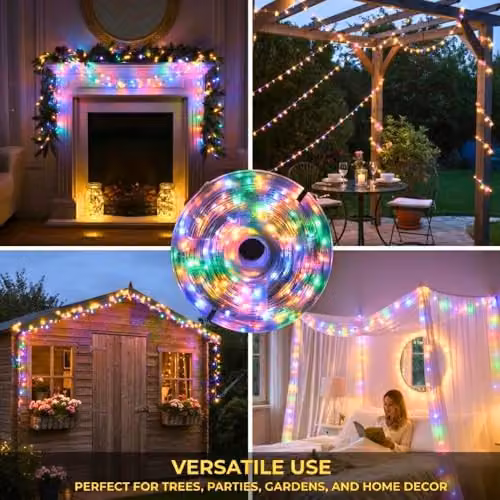 Shatchi Multicolour LED String Lights with 100 LEDs, 10m Length, Mains Powered, 8 Modes, Timer and IP44 Waterproof Rating for Indoor and Outdoor Decor – 4
