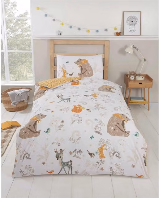 Rapport Reversible Woodland Friends Animal Graphic Childrens Duvet Cover Set, Multicolour and White, 90 x 190 cm