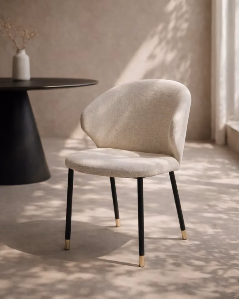 Tommy Franks Lexy Dining Chair in Beige Fabric with Black and Gold Metal Legs