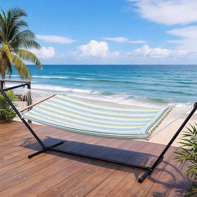 London Boutique Double Hammock with Stand and Cushions, Multicolour Striped UV-Resistant Polyester Bed for Two Adults – 1