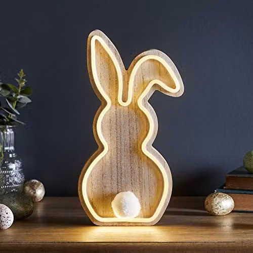 Lights4fun White Wooden Neon Bunny LED Night Light with Timer, 30 cm – 1