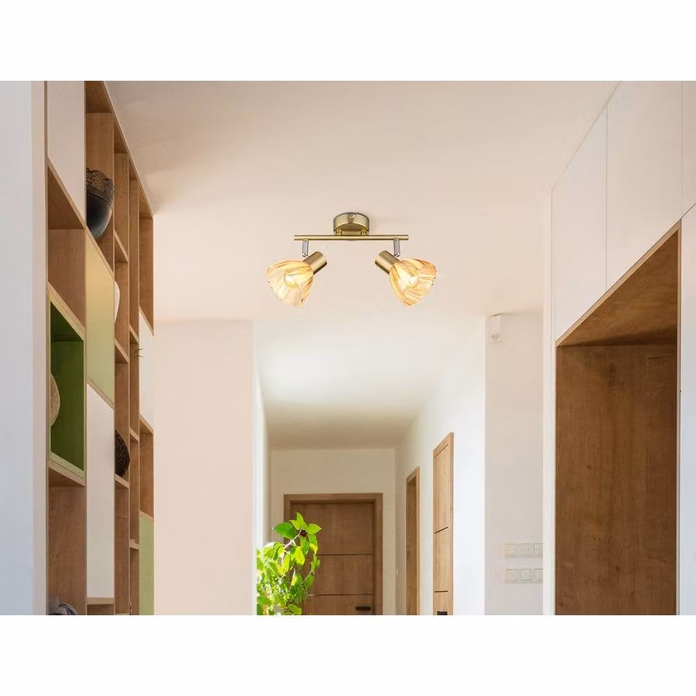 Netlighting Zachery Twin Ceiling Spotlight in Brass with Amber Glass Shades, 2x E14 – 3