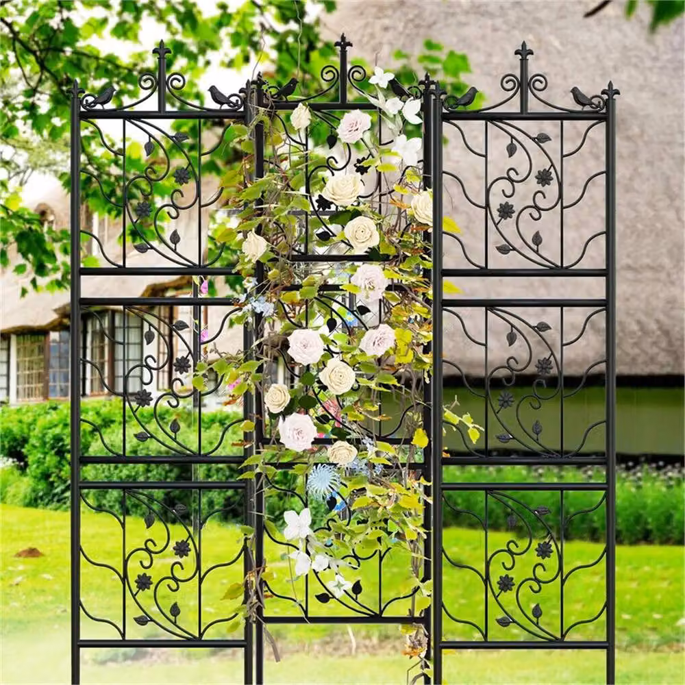 VOGREX 2-Piece Black Metal Bird Leaf Trellis and Heavy Duty Plant Climbing Support Stand – 5