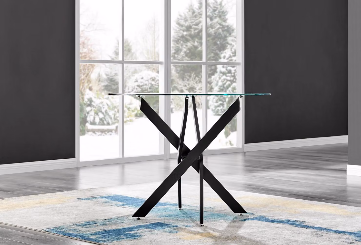 FurnitureboxUK Novara Round Glass Dining Table and 4 Pesaro Blue Soft Velvet Chairs with Black Legs – 2