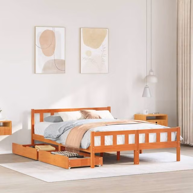 Berkfield Home King Size Solid Wood Pine Bed Frame with Drawers, Wax Brown, W/D/H: 150 x 200 cm