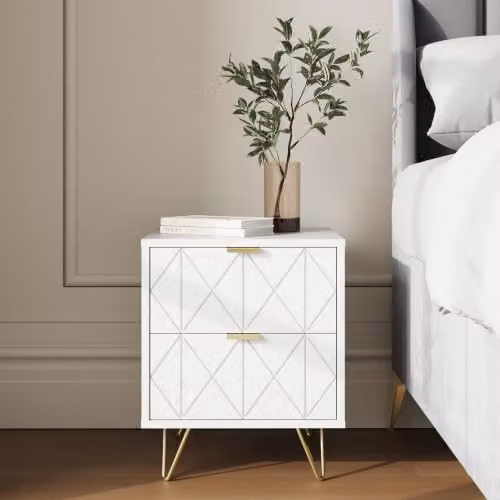 GFW Alora Pair of White Bedside Tables with 2 Drawers, Geometric Diamond Fronts, Gold Handles and Hairpin Legs, W/D/H: 40 x 40 x 46.5 cm