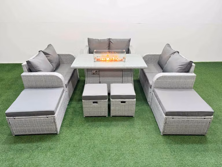 Fimous 10 Seater Modern Outdoor Garden Furniture Set in Light Grey with U-Shape Love Sofa, 3-Seater Sofa, 2-Seater Sofa, Ottoman and Coffee Table
