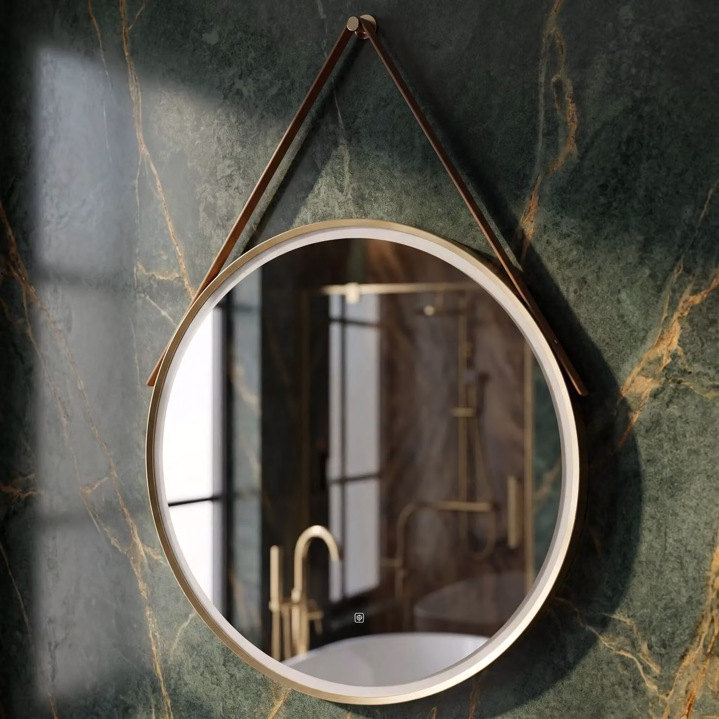 Balterley Round LED Bathroom Mirror with Demister and Strap, Brushed Brass and Brown, W/D/H: 80 x 80 x 80 mm – 3