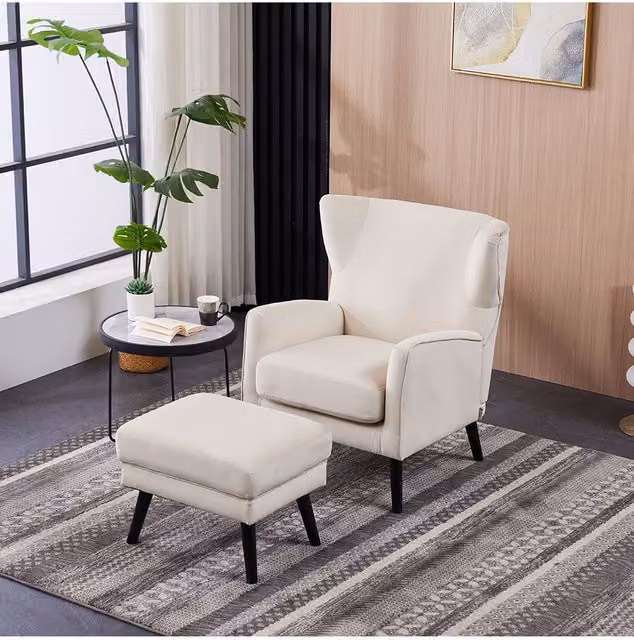 Living and Home Modern Velvet Upholstered Tub Armchair with Matching Footstool in Beige