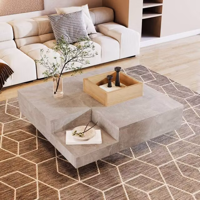 ModernLuxe Grey Coffee Table with Removable Storage Box and Side Table Design, W/D/H: 72 x 72 x 30 cm