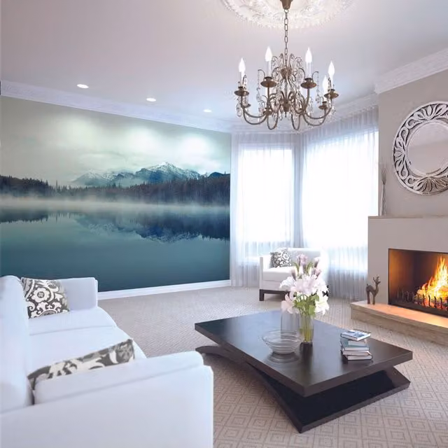 Origin Murals Misty Mountain Lake Wall Mural in Blue and Multicolour
