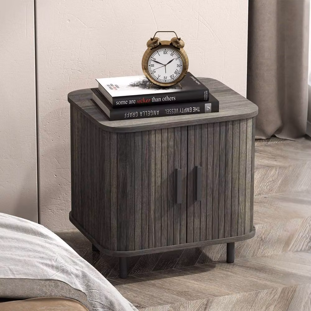 Wyld Haus Pasaba Grey Nordic Bedside Table with Tambour Sliding Door and Metal Legs W: 40.0 cm, D: 48.0 cm, H: 48.0 cm – 3