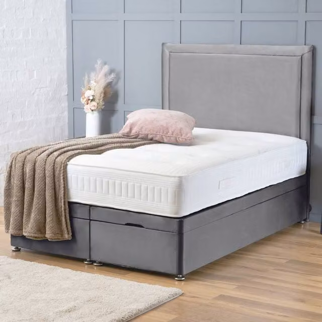 BSSPOKE Ella Small Double Ottoman Divan Bed with 54 inch Headboard and Mattress in Grey Plush Velvet, W/D/H: 120 x 200 cm – 1