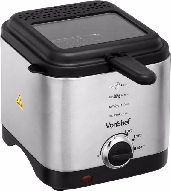 VonShef Stainless Steel Deep Fat Fryer with Adjustable Temperature Control and Non-Stick Removable Basket, Silver, 1.5 l