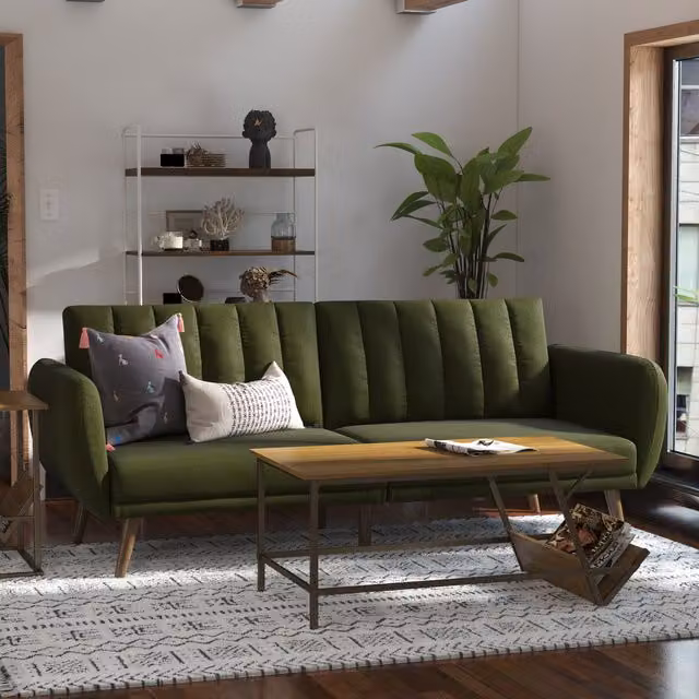 Novogratz NG Brittany Green Linen Upholstered Sofa Bed with Scatter Cushions