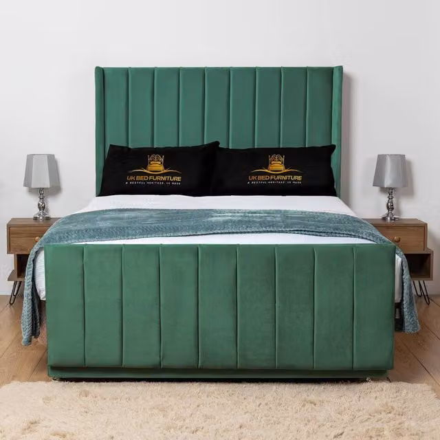 UK Bed Furniture Seoul Wingback Divan Bed Base with 54 Inch Headboard in Green Velvet, Single, W/D/H: 90 x 190 cm