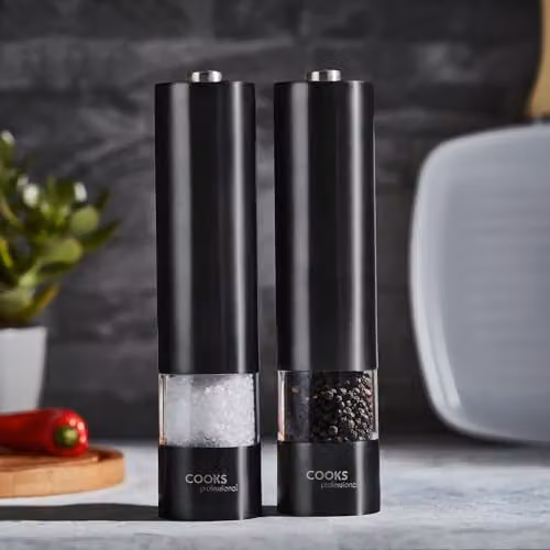 Cooks Professional Electric Salt and Pepper Mill Set in Black Stainless Steel with Battery Operated Automatic Grinding – 4