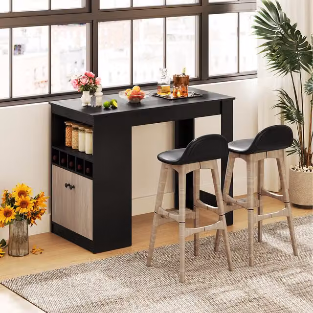 Costway Modern Black Rectangular Bar Table with Storage Cabinet