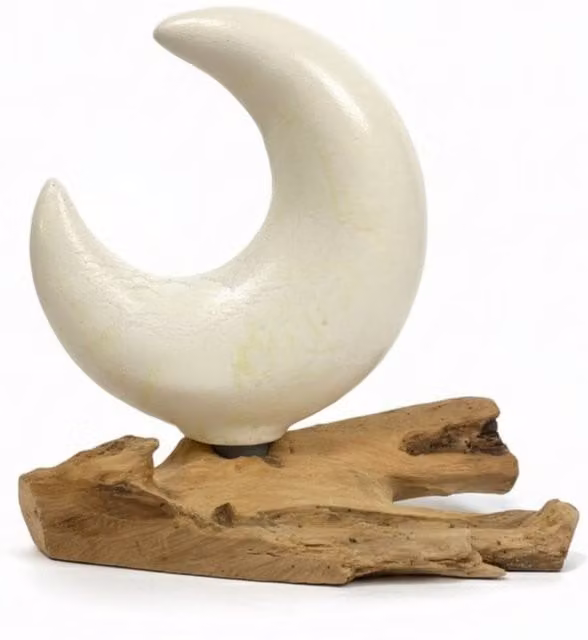 KDMD DriftGlow Crackle Half Moon Tabletop Lamp in Grey and White with Natural Wood and LED Warm White Bulb – 1