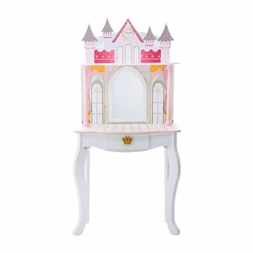 Teamson Kids Dreamland Princess Play Vanity Set with Mirror, Shelf, Storage Drawer, Stool and Accessories for 12 inch Dolls, White and Pink