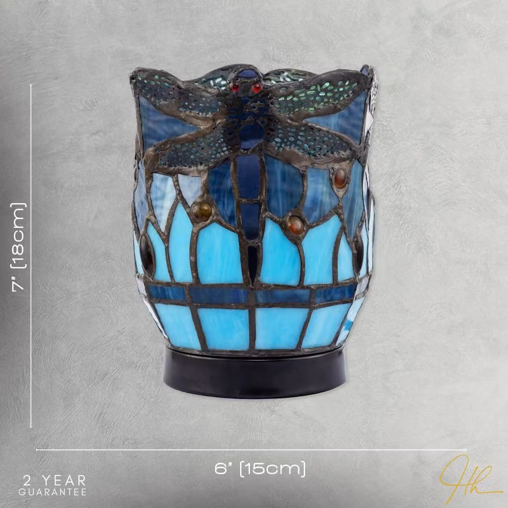 Happy Homewares Classic Dragonfly Tiffany Uplighter Tabletop Lamp in Blue Stained Glass and Black Metal, H: 40.0 cm, W: 18.0 cm, D: 15.0 cm – 5