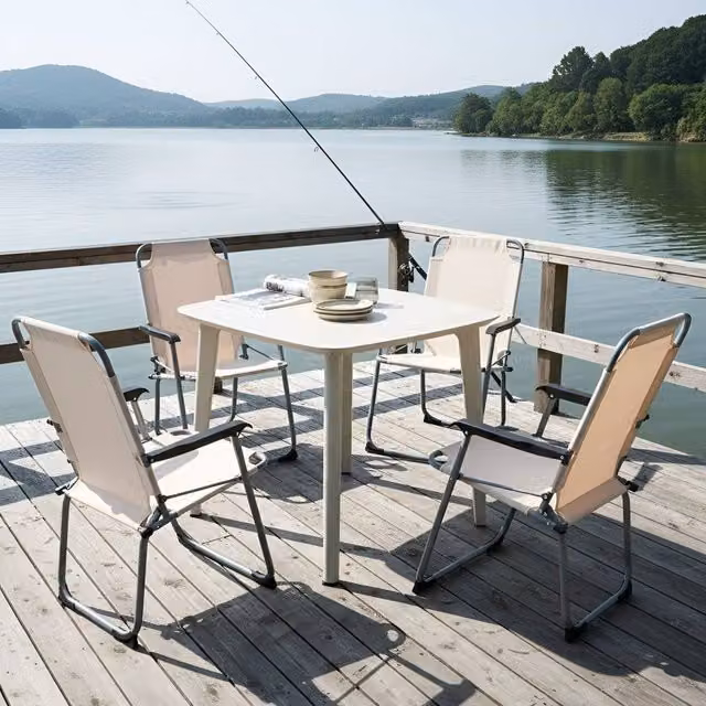 Wyld and Coco Set of 4 Beige Folding Garden Chairs with Powder Coated Steel Mesh Seats