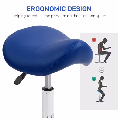 HOMCOM Blue PU Leather Adjustable Height Saddle Stool with Castors and Metal Frame – 5