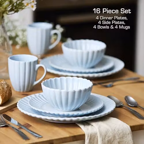 Swan 16 Piece Scallop Edge Stoneware Dinner Set in Blue – 4