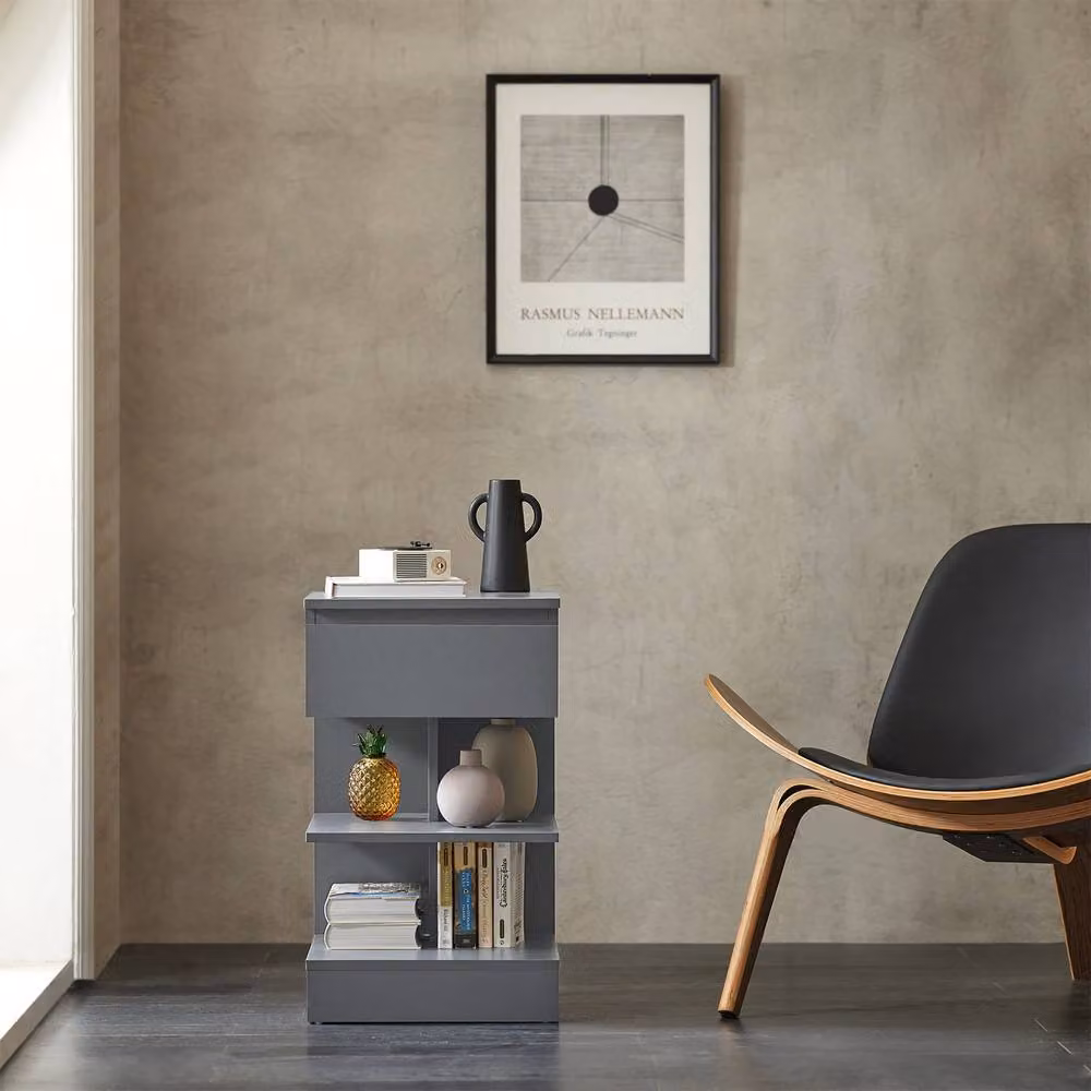SoBuy Modern Grey Bedside Table with Side Compartments and Glass Shelves, W/D/H: 35 x 39 x 65 cm – 6