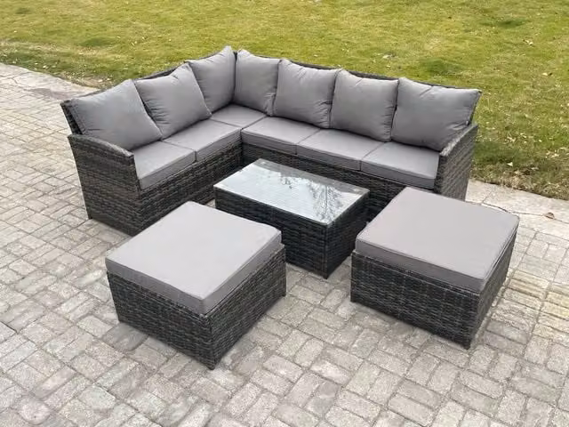 Fimous 8 Seater Rattan L-Shape Corner Sofa Set with Coffee Table and 2 Ottomans in Dark Grey