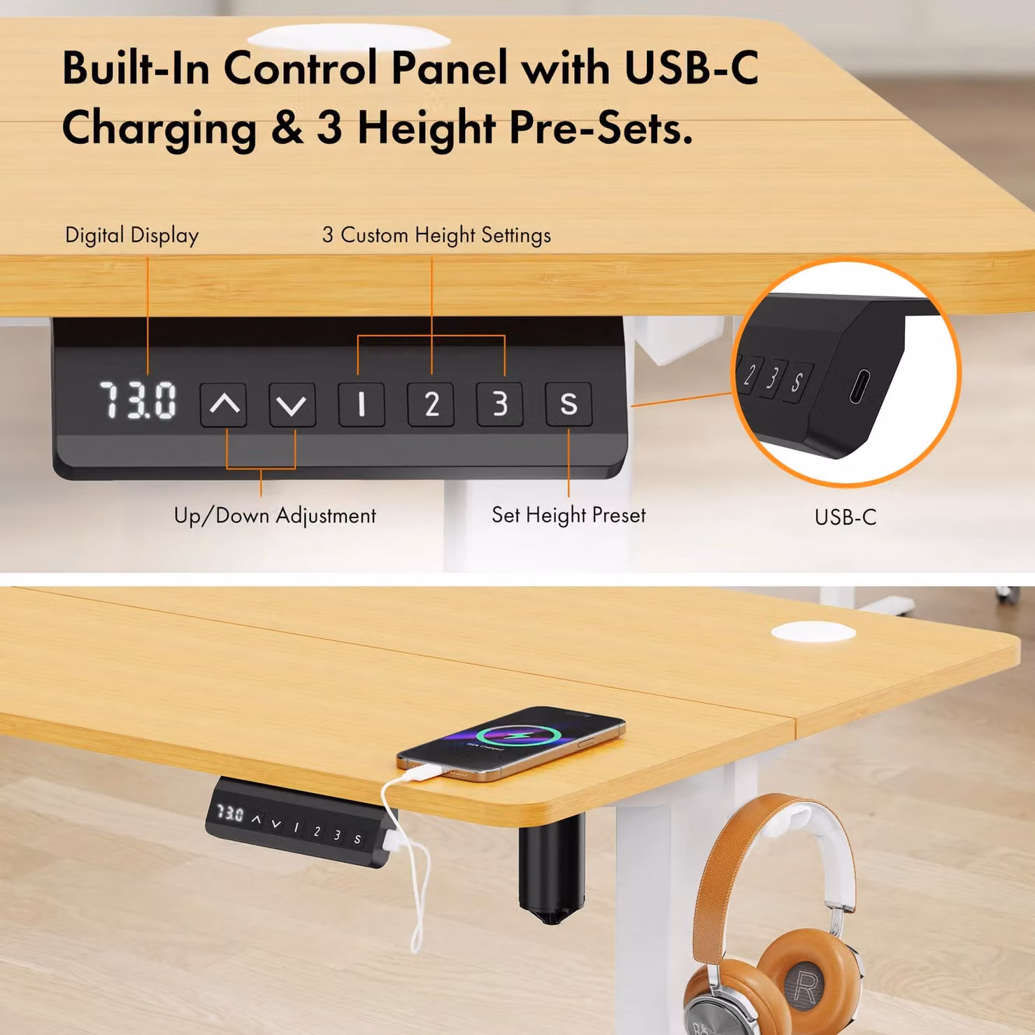VonHaus Electric Height Adjustable Standing Desk in Brown with USB-C Charging, W/D/H: 118 x 60 x 72 cm to 118 x 60 x 100 cm – 5