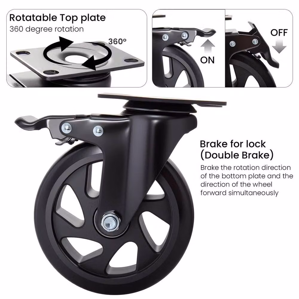 Havendro 4-Piece Set of 125mm Black Steel and Rubber Swivel Casters with Brake, 800kg Capacity – 4