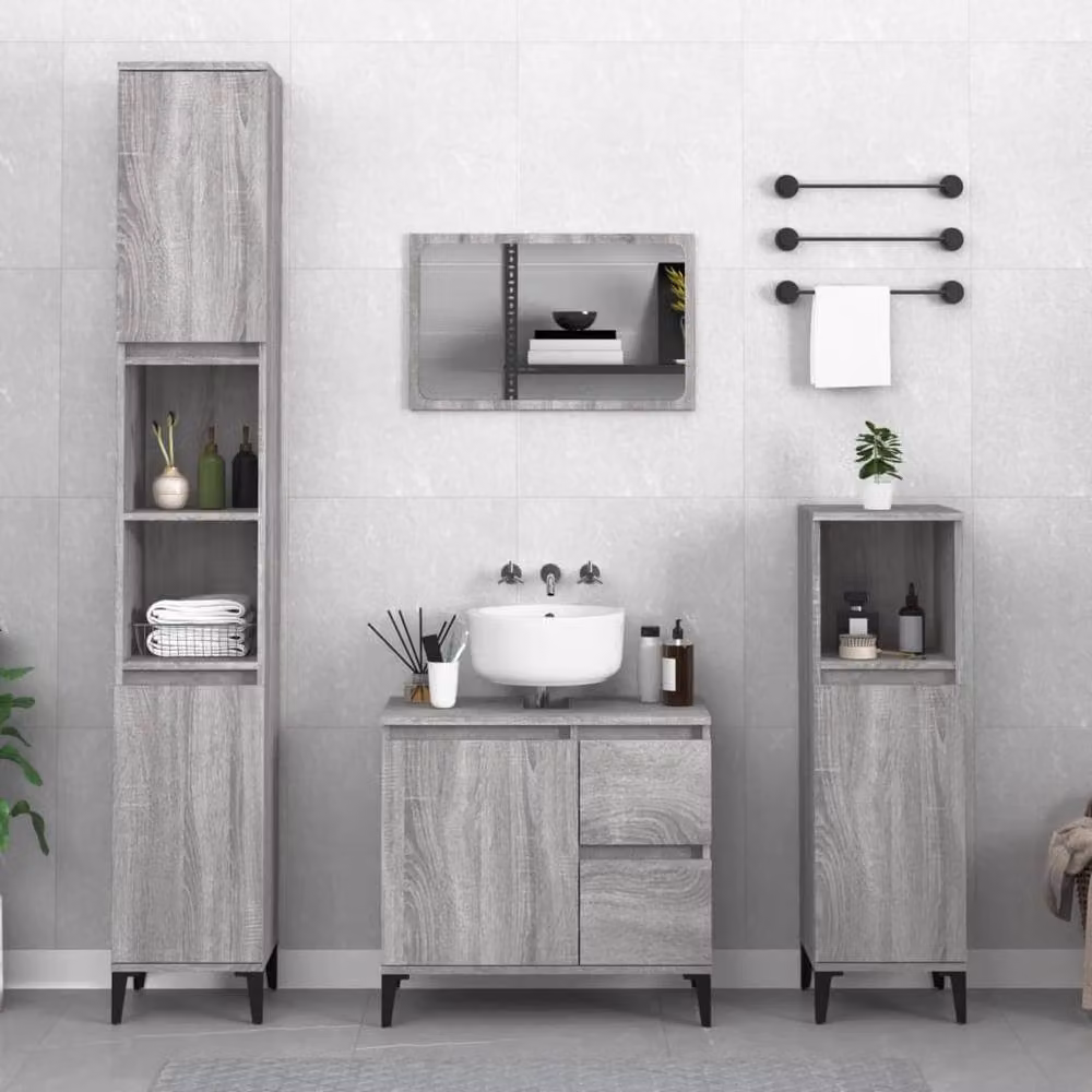 Berkfield Home Modern 3 Piece Grey Bathroom Cabinet Set with Vanity and Tall Unit – 2