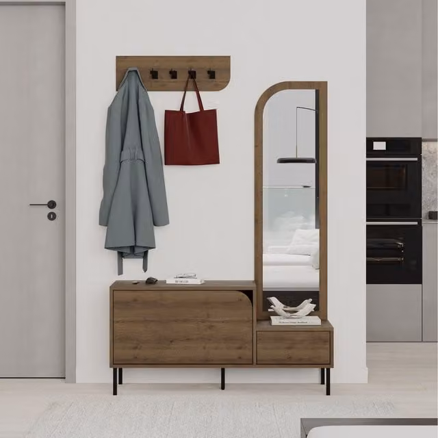 Decortie Mila Hall Tree Set with Full-Length Mirror, Shoe Cabinet and 5 Hooks, Brown, H 172 x W 112 x D 37 cm