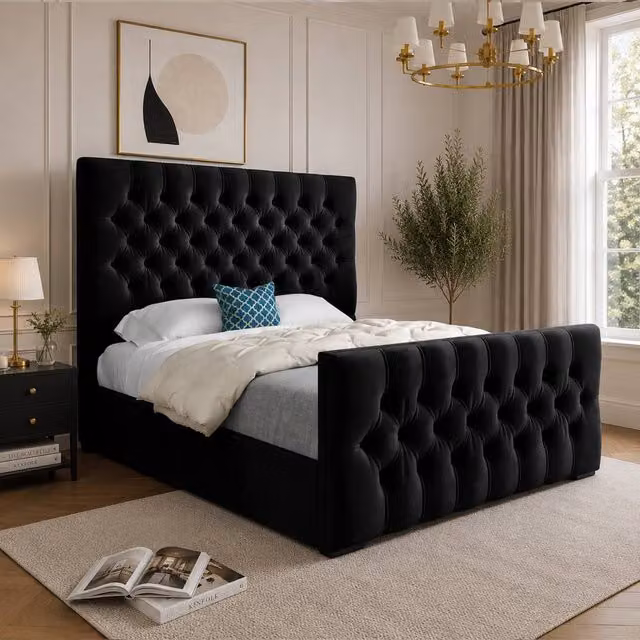 Casani Porthcawl Upholstered Chesterfield Designer Bed Frame in Black Velvet, W/D/H: 200 x 137 x 189 cm – 1