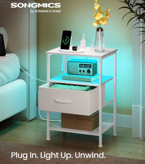 SONGMICS Modern White Bedside Table with Integrated Lighting, 1 Drawer and 2 Shelves