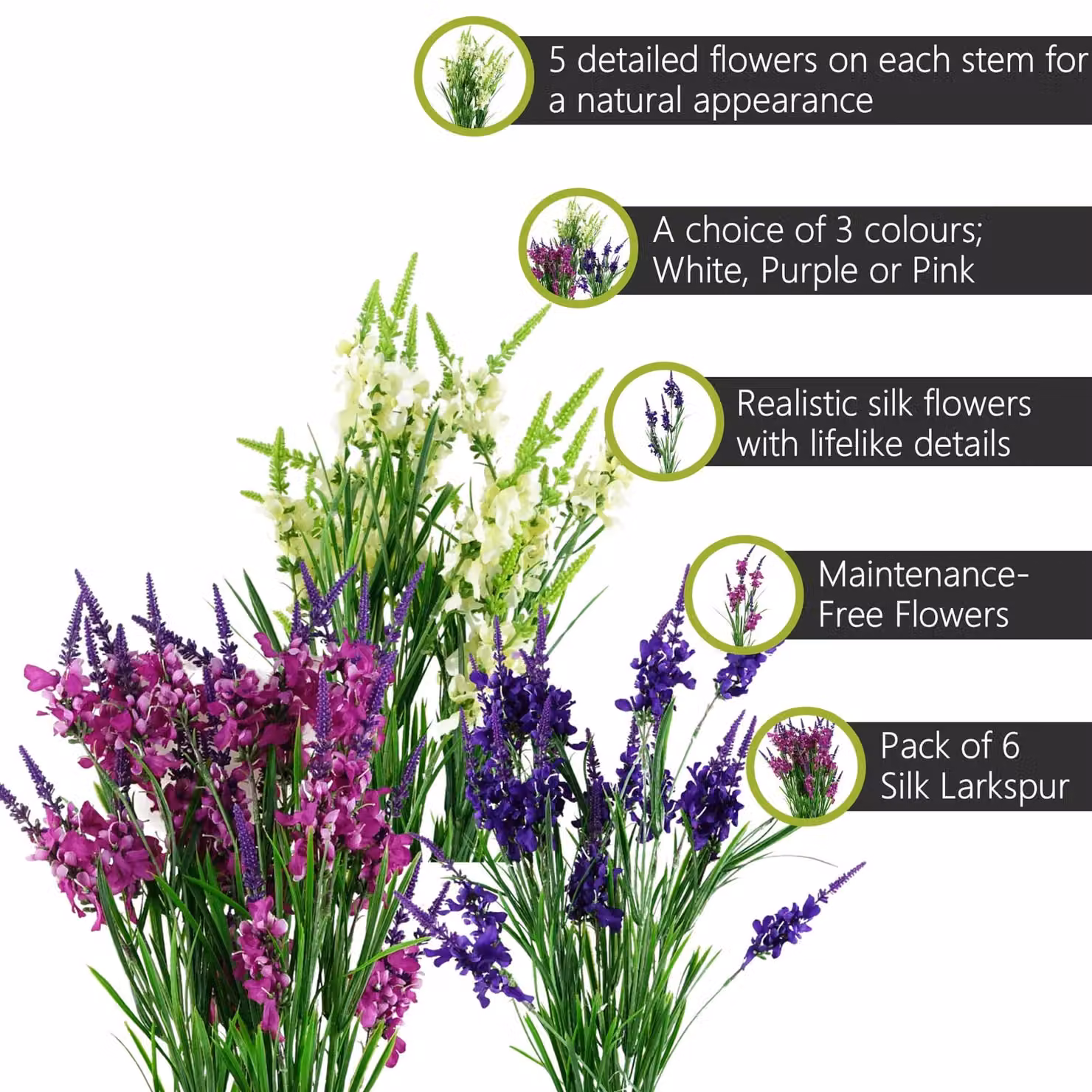 Pegdev Pack of 6 Artificial Larkspur Silk Flower Stems in Purple, White and Pink, Height: 80 cm – 2