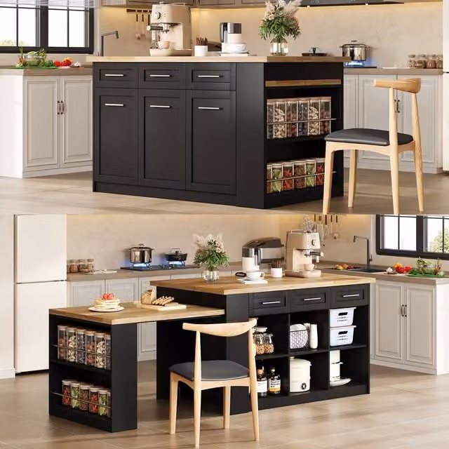 Matteo Modern Black Kitchen Island with Extendable Wood Effect Dining Table – 1